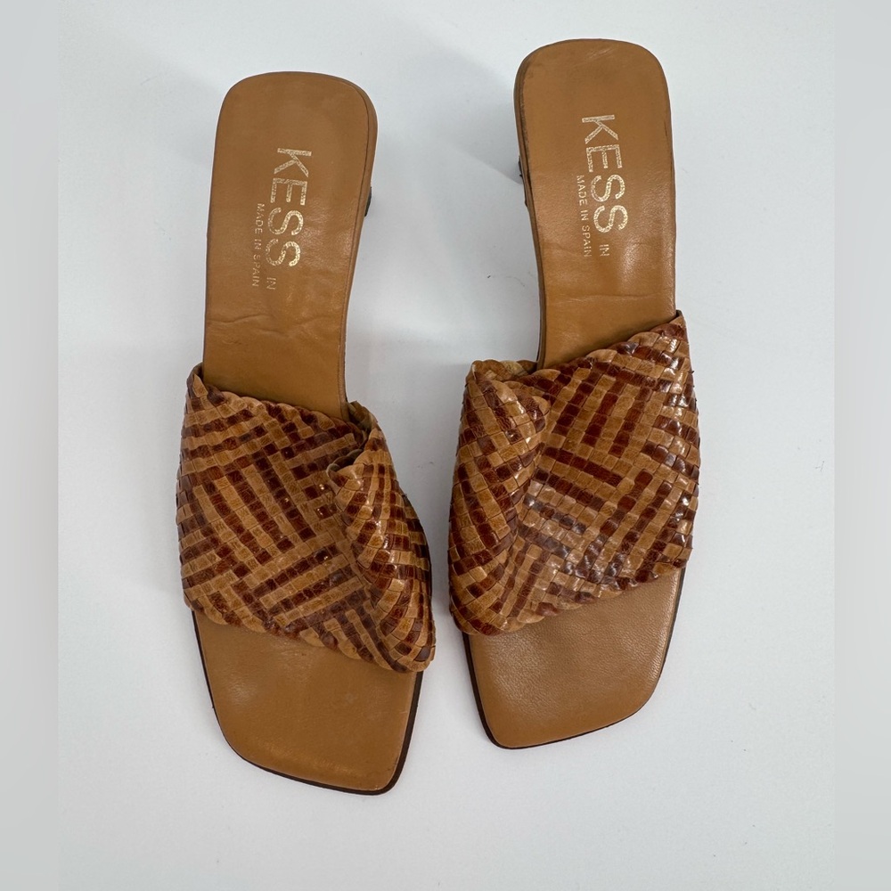 Camel Brown Square Toe Woven Heel Sandals - Size 8 - Made in Spain - Kess Brand